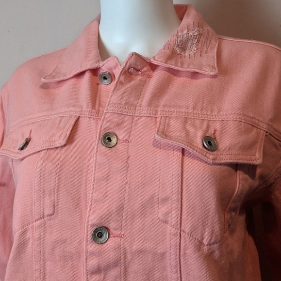 Pink Distressed Ripped Sleeve Denim Jean Jacket size Medium - Picture 3 of 6